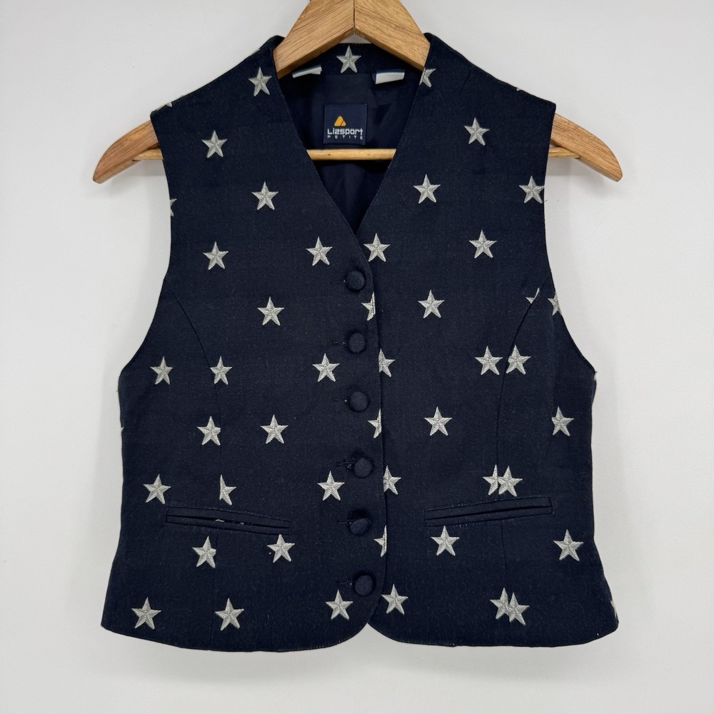 90s Liz Sport Blue Embroidered Vest Women's Petite 2 Preppy Patriotic Button Up